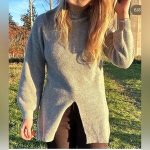 Gudrun Sjoden Mock Neck Knit Sweater Long Line Split Slit Hem Gray Wool Yak Sz S